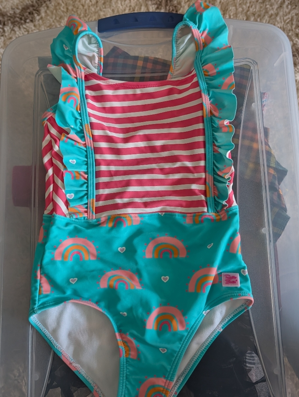 Girls Ruffle Butts Rainbow Stripe One-Piece Swimsuit - Teal & Pink